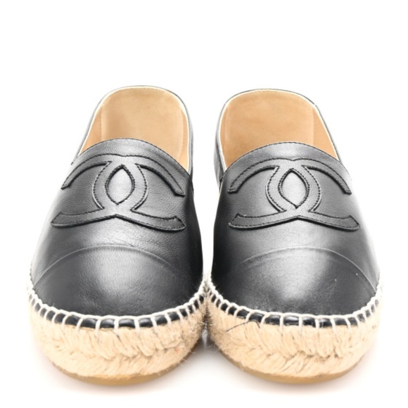 Chanel CC Lambskin Black Leather Espadrilles size 38 - Picture 1 of 9